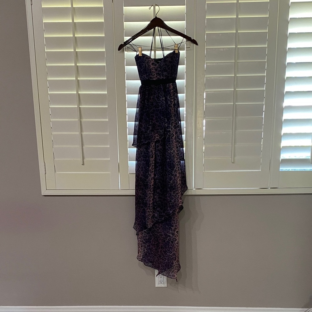 ADAM LIPPES Black &Purple Cheetah Print Strapless High-Low Dress. Size 6.